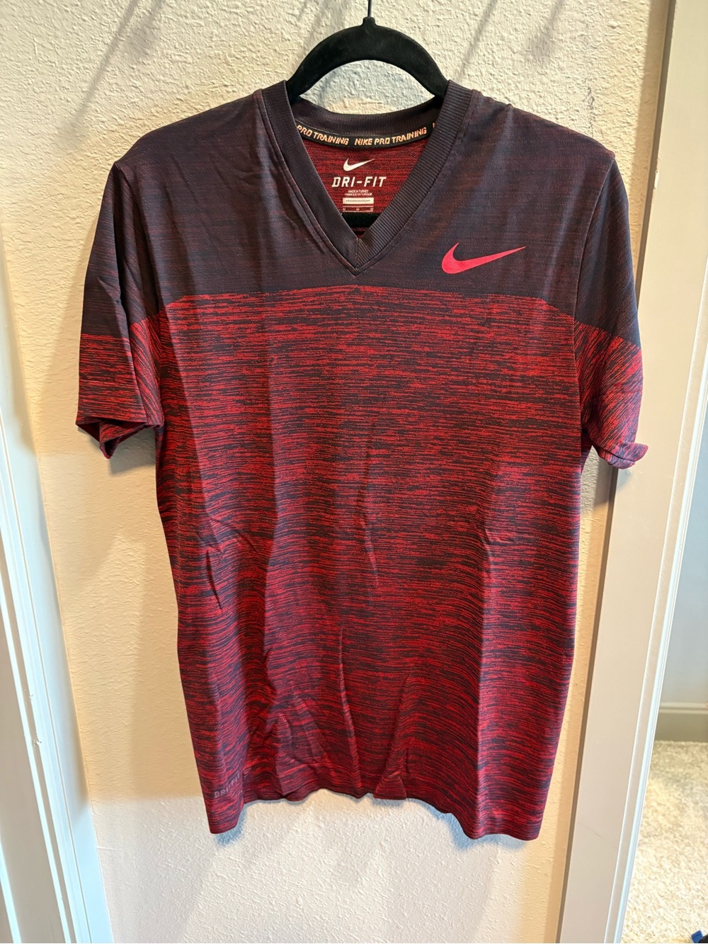 Nike Dri-FIT Red Heather V-Neck Training Tee with Dark Navy Yoke
